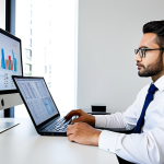 A focused male small business owner, dressed in a modest, professional business casual shirt and trousers, seated at a modern desk in a well-lit, organized office. He is looking at a laptop screen displaying simplified financial charts and a digital spreadsheet, symbolizing VAT calculations and cash flow management. The background features subtle, clean office decor. The image conveys the importance of understanding financial health for business growth. Fully clothed, appropriate attire, safe for work, professional, perfect anatomy, correct proportions, natural pose, well-formed hands, proper finger count, natural body proportions, high-quality professional photography.
