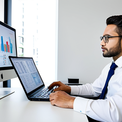 A focused male small business owner, dressed in a modest, professional business casual shirt and trousers, seated at a modern desk in a well-lit, organized office. He is looking at a laptop screen displaying simplified financial charts and a digital spreadsheet, symbolizing VAT calculations and cash flow management. The background features subtle, clean office decor. The image conveys the importance of understanding financial health for business growth. Fully clothed, appropriate attire, safe for work, professional, perfect anatomy, correct proportions, natural pose, well-formed hands, proper finger count, natural body proportions, high-quality professional photography.