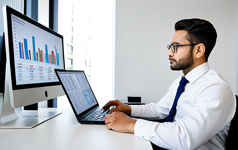 A focused male small business owner, dressed in a modest, professional business casual shirt and trousers, seated at a modern desk in a well-lit, organized office. He is looking at a laptop screen displaying simplified financial charts and a digital spreadsheet, symbolizing VAT calculations and cash flow management. The background features subtle, clean office decor. The image conveys the importance of understanding financial health for business growth. Fully clothed, appropriate attire, safe for work, professional, perfect anatomy, correct proportions, natural pose, well-formed hands, proper finger count, natural body proportions, high-quality professional photography.