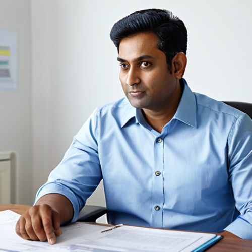 A professional South Asian man in a modest business shirt and trousers, seated at a modern desk in a brightly lit, organized home office. He is reviewing financial documents and a laptop, with a calculator nearby, displaying a calm and confident expression of financial understanding. The background shows a subtle blur of a contemporary office environment. High-resolution professional photography, sharp focus, natural lighting, perfect anatomy, correct proportions, natural pose, well-formed hands, proper finger count, natural body proportions, fully clothed, appropriate attire, professional dress, safe for work, appropriate content, professional, family-friendly.