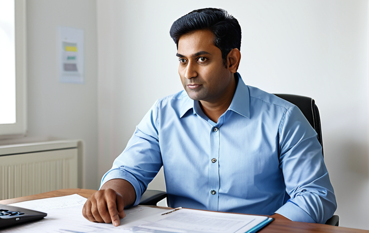 A professional South Asian man in a modest business shirt and trousers, seated at a modern desk in a brightly lit, organized home office. He is reviewing financial documents and a laptop, with a calculator nearby, displaying a calm and confident expression of financial understanding. The background shows a subtle blur of a contemporary office environment. High-resolution professional photography, sharp focus, natural lighting, perfect anatomy, correct proportions, natural pose, well-formed hands, proper finger count, natural body proportions, fully clothed, appropriate attire, professional dress, safe for work, appropriate content, professional, family-friendly.
