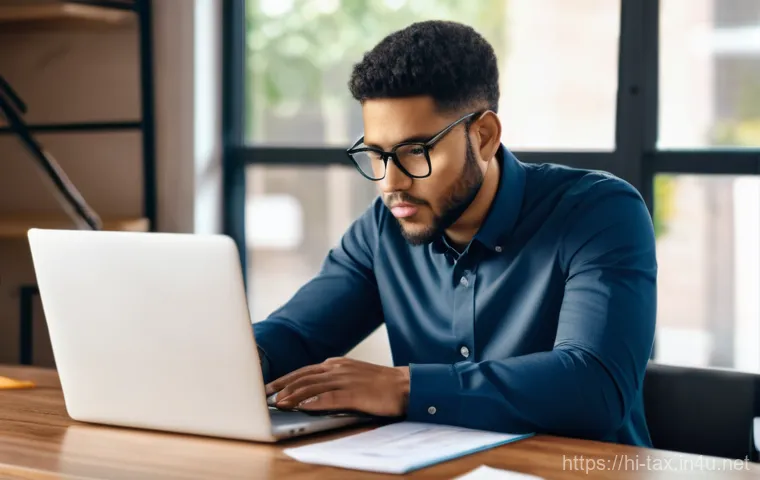 근로소득 간이세액표 - **Prompt:** A young, diverse professional in a modern, well-lit home office, seated comfortably at a...