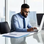 Home 8 연말정산 환급 방법 - **Prompt: Diligent Tax Preparation at a Modern Desk**
A focused individual, appearing to be in t...