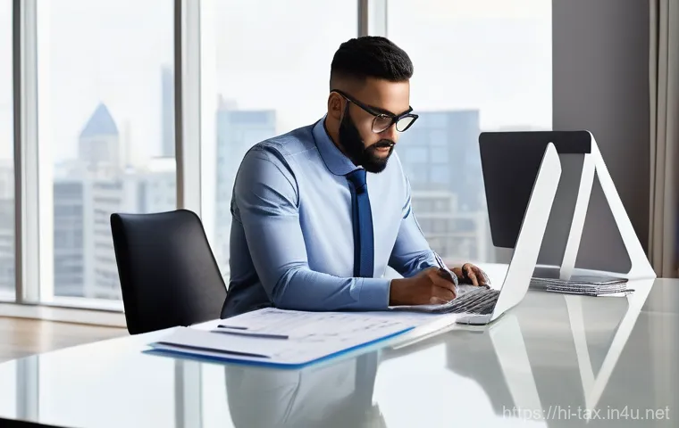 연말정산 환급 방법 - **Prompt: Diligent Tax Preparation at a Modern Desk**
    A focused individual, appearing to be in t...