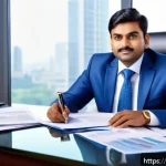 특허권 소득세 과세 - A professional Indian businessman in formal attire sitting at a modern office desk filled with finan...
