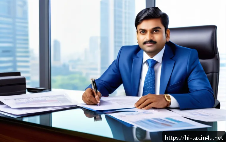 특허권 소득세 과세 - A professional Indian businessman in formal attire sitting at a modern office desk filled with finan...